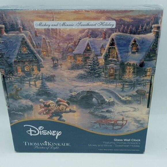 Thomas Kinkade 2016 Disney Mickey & Minnie Sweetheart Holiday Glass Wall Clock - Picture 6 of 7